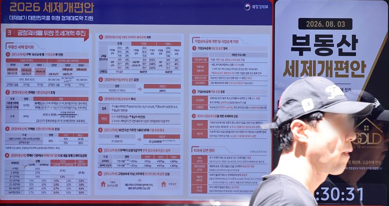 [서울=뉴시스] 김금보 기자 = 12일 서울 시내 한 고가 아파트 밀집지역 공인중개사무소에 세제 개편안 안내문이 붙어 있다. 2026.08.12. kgb@newsis.com