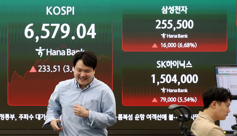 지난 12일 오후 서울 중구 하나은행 딜링룸 전광판에 코스피 및 삼성전자, SK하이닉스의 종가가 표시되어 있다. 뉴시스 제공