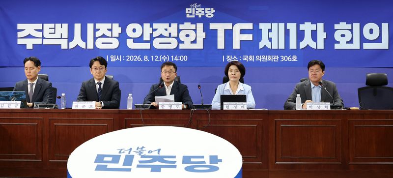 더불어민주당 한병도 당 대표 직무대행 겸 원내대표(가운데)가 12일 국회에서 열린 주택시장 안정화 TF 제1차 회의에서 발언하고 있다. 연합뉴스