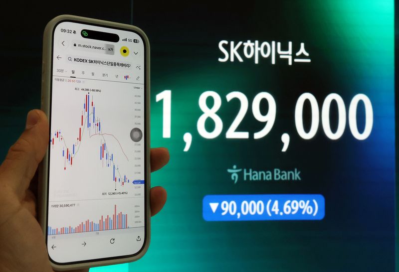 7월 24일 서울 중구 하나은행 딜링룸에서 스마트폰 주식거래 앱 화면에 SK하이닉스 단일종목레버리지 상품 차트가 표시되고 있다. 2026.7.24 ⓒ 뉴스1 김진환 기자