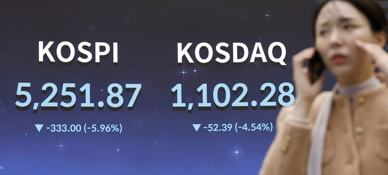 [서울=뉴시스] 김혜진 기자 = 코스피가 전 거래일(5584.87)보다 333.00포인트(5.96%) 하락한 5251.87에 마감한 9일 오후 서울 영등포구 한국거래소 전광판에 지수가 표시 되고 있다.코스닥 지수는 전 거래일(1154.67)보다 52.39포인트(4.54%) 내린 1102.28에 마쳤다. 원·달러 환율은 전 거래일(1476.4원)보다 19.1원 오른 1495.5원에 주간 거래를 마감했다.2026.03.09. jini@newsis.com