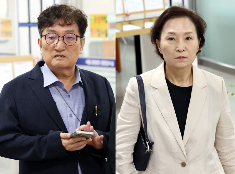 이정근 전 더불어민주당 사무부총장의 취업을 청탁하고자 민간기업에 외압을 행사한 혐의로 기소된 노영민 전 대통령 비서실장과 김현미 전 국토교통부 장관이 1심에서 무죄를 선고받았다. 사진은 노 전 실장과 김 장관이 13일 오전 서울 서초구 서울중앙지법에서 열린 '채용청탁·외압 혐의' 선고기일에 출석하는 모습. 사진=뉴시스