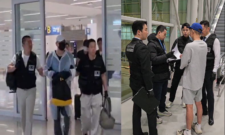 (왼쪽) 태국 방콕을 거점으로 검찰·금융감독원을 사칭해 보이스피싱 범행을 벌인 조직의 한국인 총책 홍씨가 지난 6월 12일 인천국제공항을 통해 국내로 송환되고 있다. (오른쪽)지난 3월 5일 국내로 송환된 조직원 조모씨가 경찰에 인계되고 있다. 서울경찰청 제공