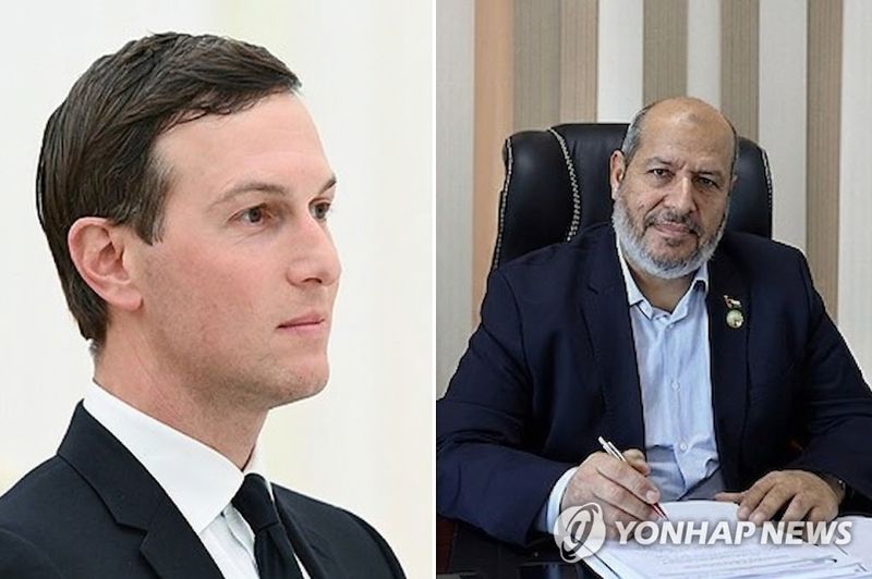 재러드 쿠슈너 미 중동 특사(왼쪽)와 하마스 수장 칼릴 알 하이야.연합뉴스