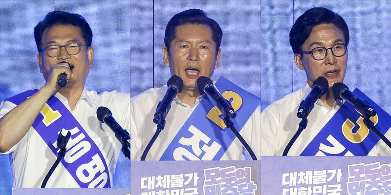 송영길, 정청래, 김민석 더불어민주당 당대표 후보가 17일 대전 유성구 대전컨벤션센터 제2전시장에서 열린 더불어민주당 제3차 정기전국당원대회에서 정견발표를 하고 있다. 뉴시스