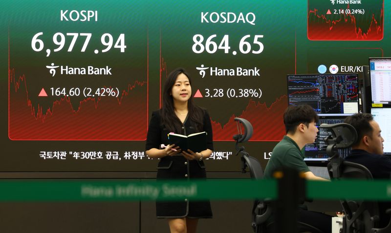 14일 서울 중구 하나은행 딜링룸 전광판에 코스피 등이 표시돼 있다. 뉴시스 제공