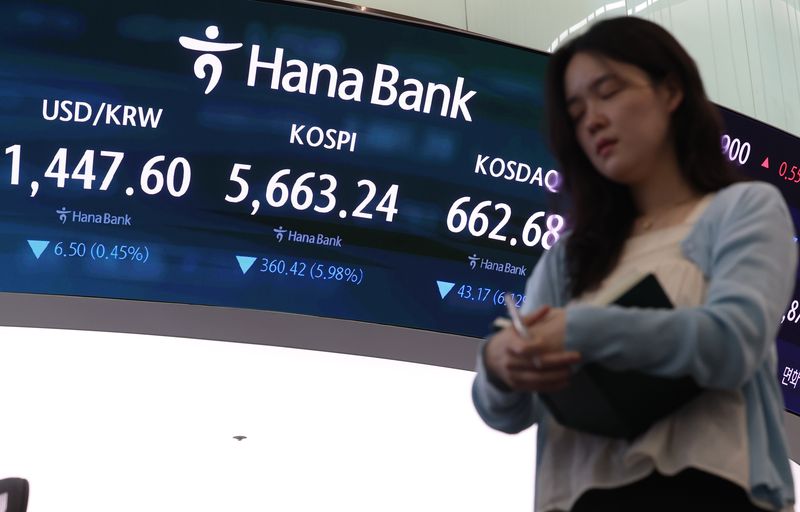 [서울=뉴시스] 이영환 기자 = 코스피가 전 거래일 보다 360.42포인트(5.98%) 하락한 5663.24에 마감한 지난 7월 29일 오후 서울 중구 하나은행 딜링룸 전광판에 종가가 표시되어 있다.코스닥 지수는 전 거래일보다 43.17포인트(6.12%) 하락한 662.68포인트, 원·달러 환율은 15.8원 내린 1446.7원에 마감했다. 2026.07.29. 20hwan@newsis.com