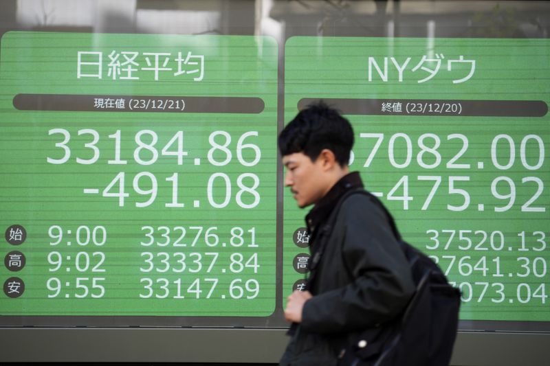 19일 오전 도쿄증시에서 주요 지수가 2%대 넘게 하락 출발했다. 사진은 2023년 12월21일 일본 도쿄의 한 증권사 앞에서 한 시민이 닛케이225평균주가(닛케이지수)와 뉴욕 다우지수가 표시된 전광판 앞을 지나가고 있는 모습. 사진=뉴시스