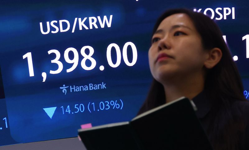 코스피가 전날 대비 5.80% 하락한 6471.17에 거래 마친 19일 서울 중구 하나은행 본점 딜링룸 전광판에 원·달러 환율이 표시돼 있다. 원·달러 환율은 10개월여 만에 1300원대로 내려갔다. 뉴시스