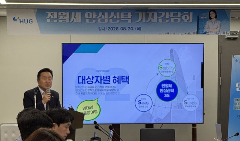 20일 최인호 HUG 사장은 서울 영등포구 HUG 서울서부지사에서 전월세 안심신탁 기자설명회를 열고 대상자별 혜택을 소개하고 있다. HUG 제공