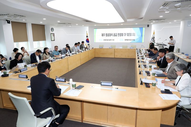 박천수 제주도 행정부지사를 비롯한 항공사·유관기관 관계자들이 20일 제주도청 한라홀에서 열린 ‘제주 항공좌석 공급 안정화 전담팀’ 첫 회의에서 국내선 좌석 공급 대책을 논의하고 있다. TF에는 8개 국적항공사를 포함해 민·관·학 관계자 21명이 참여하며 오는 12월까지 운영된다. /사진=제주특별자치도 제공