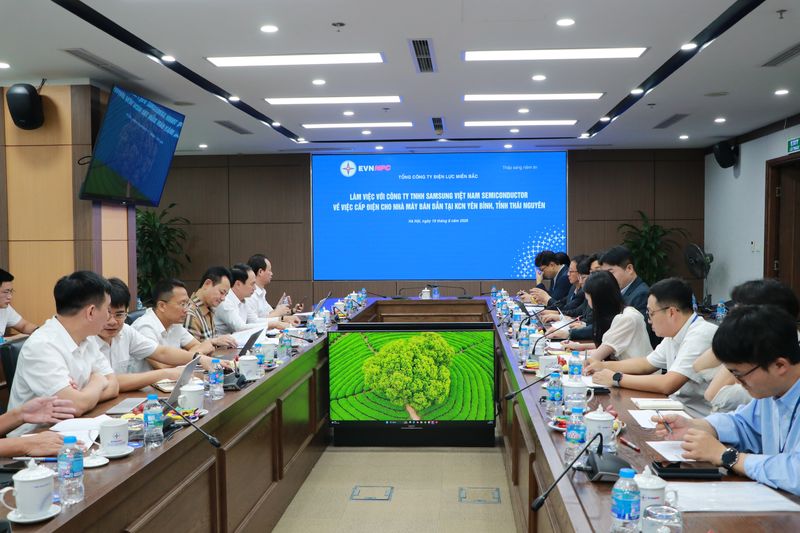 삼성반도체 베트남 대표단(오른쪽)이 지난 19일 하노이에서 베트남 북부전력공사(EVNNPC) 대표단과 타이응우옌성 내 반도체 프로젝트 전력 공급 방안에 대해 논의하고 있다. EVNNPC 제공