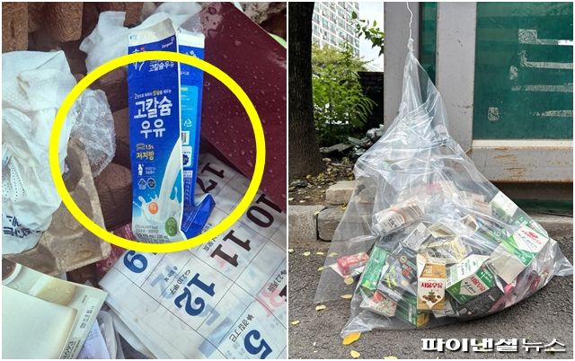 21일 서울 한 아파트 단지 분리수거장에 우유팩이 일반 종이류와 섞여 배출돼 있다. 오른쪽 사진은 별도 봉투에 모인 우유팩과 멸균팩. 사진=한승곤 기자