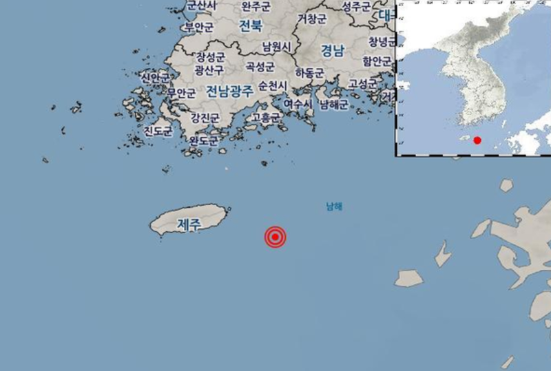 22일 오후 7시9분27초 제주 서귀포시 동쪽 79㎞ 해역에서 발생한 규모 2.7 지진의 위치도. 지진 발생 깊이는 19㎞로 분석됐으며 기상청은 피해가 없을 것으로 예상했다. /사진=기상청 제공