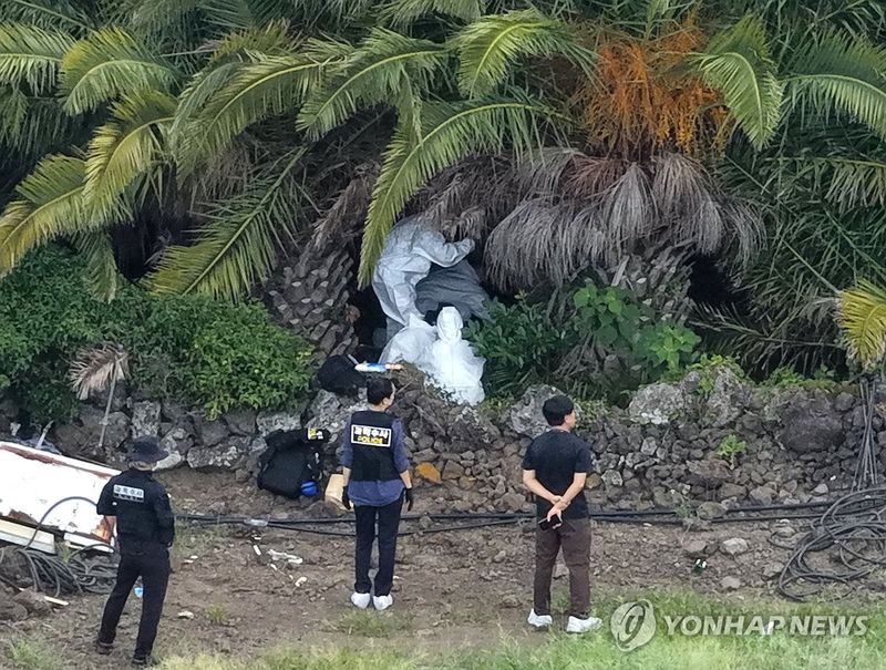 경찰이 24일 제주시 한림읍 야자나무 숲에서 지난 5월 실종된 장미란씨 추정 시신을 발견해 현장 감식을 진행하고 있다. 연합뉴스