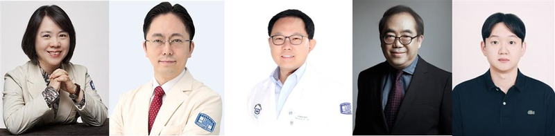 왼쪽부터 서울성모병원 정정임 교수, 윤종찬 교수, 최영 교수, 서울시립대 안도열 명예석좌교수, ㈜플로우닉스 이규한 연구소장