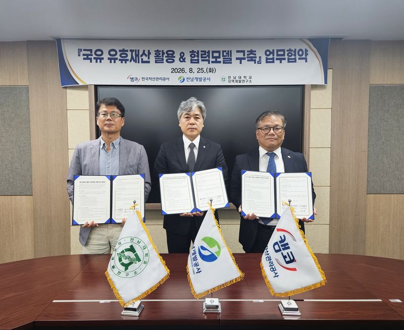 전남개발공사 이한 사업본부장(가운데)이 25일 전남대 경영대학 2호관 최상준홀에서 전남대 지역개발연구소 배정환 소장(왼쪽), 한국자산관리공사 광주전남지역본부 오용일 본부장과 '국유 유휴재산 활용 및 협력 모델 구축을 위한 업무협약'을 체결한 뒤 기념촬영을 하고 있다. 전남개발공사 제공
