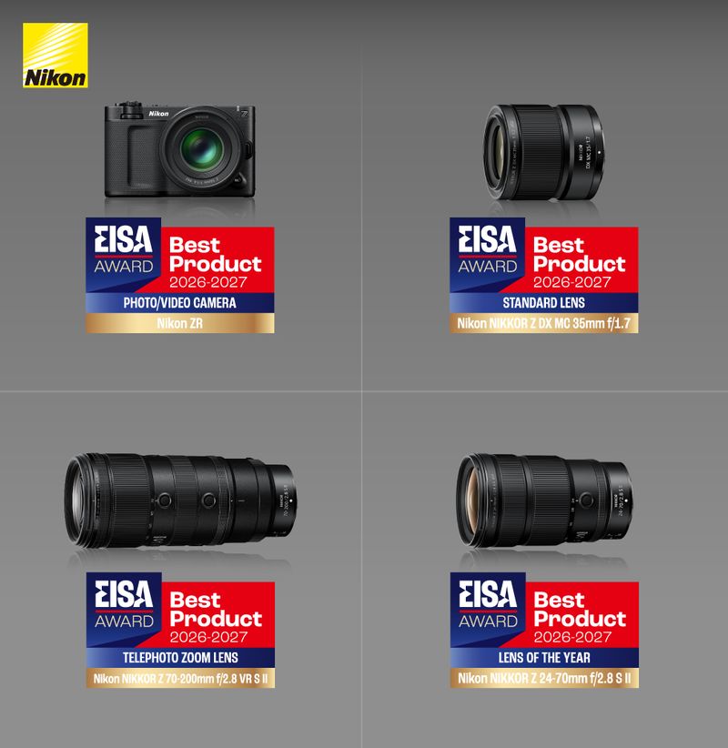 EISA 어워드 2026-2027에서 수상한 니콘 ZR과 NIKKOR Z렌즈 3종 이미지. 니콘이미징코리아 제공