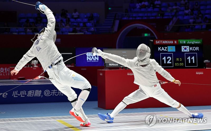 2023년 9월 항저우 아시안게임 펜싱 단체전이 열리고 있다. 연합뉴스