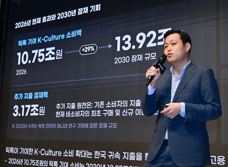 정태환 커니코리아 어소시에이트 파트너가 26일 서울 엘리에나호텔에서 열린 'K컬처 온 틱톡' 기자간담회에서 발표를 진행하고 있다. 틱톡 제공