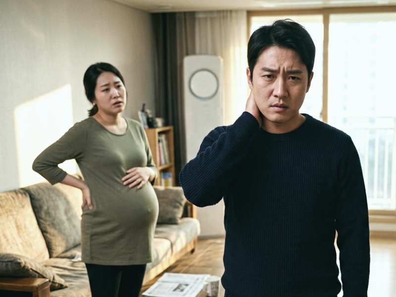 만삭 아내의 출산 예정일이 추석 연휴와 겹친 가운데 출산을 앞둔 아내를 두고 추석 연휴에 성묘를 다녀오고 싶어하는 남편의 모습을 AI로 형성한 이미지. /사진=Gemini