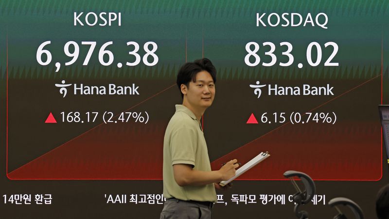 27일 오전 서울 중구 하나은행 딜링룸 전광판에 주요 지수가 표시 되고 있다. 코스피는 전거래일 보다 187.91p(2.76%) 오른 6996.12에 개장했다. 코스닥 지수는 전거래일보다 1.55p(0.19%) 오른 828.42에 장을 시작했다. 사진=뉴시스