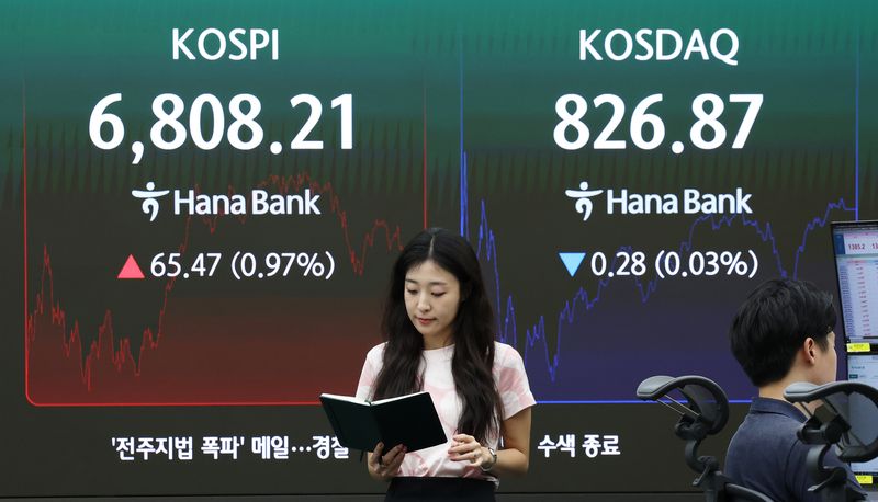 지난 26일 오후 서울 중구 하나은행 본점 딜링룸 전광판에 코스피 등 종가가 표시되고 있다. 이날 코스피는 전 거래일 대비 0.97% 상승한 6,808.21, 코스닥은 0.03% 하락한 826.87, 서울외환시장에서 달러·원 환율은 전일 오후 3시 30분 주간 종가보다 1.3원 내린 1,384.8원을 기록했다. 사진=뉴스1