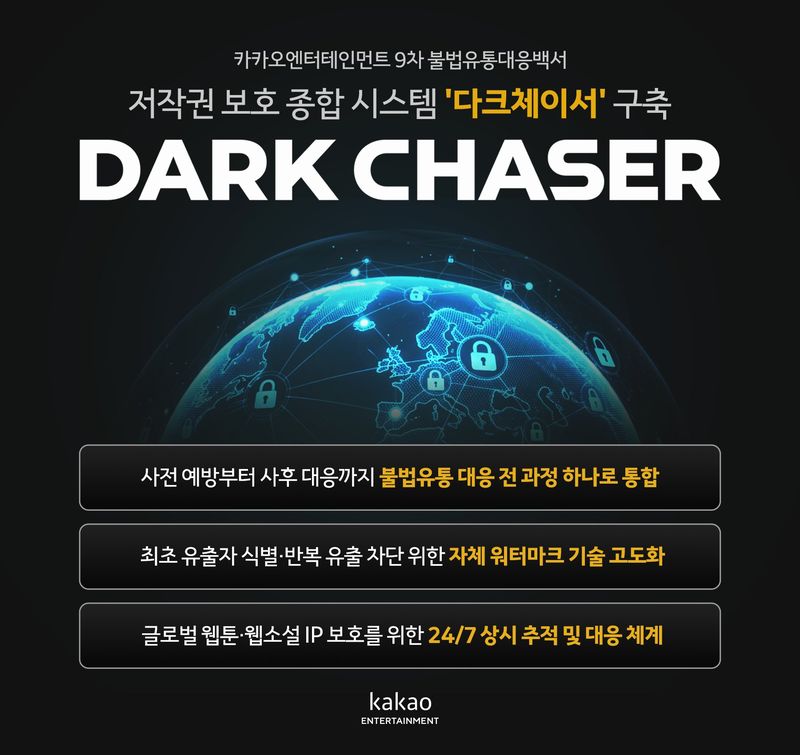 카카오엔터테인먼트가 '다크체이서'에 대한 소개와 성과 등을 담은 제 9차 불법유통 대응백서를 27일 발간했다. 카카오엔터테인먼트 제공