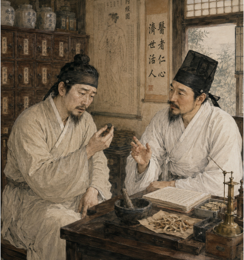 신허로 오랫동안 고생하던 한 의원이 친구 의원과 상의 끝에 팔미환을 복용한 뒤 소변과 기력이 좋아지고 여러 증상이 호전되었다. 팔미환은 신양이 허한 노인 남성의 비뇨기 증상에 도움이 되는 대표 처방이다. 챗GPT에 의한 AI생성 이미지.
