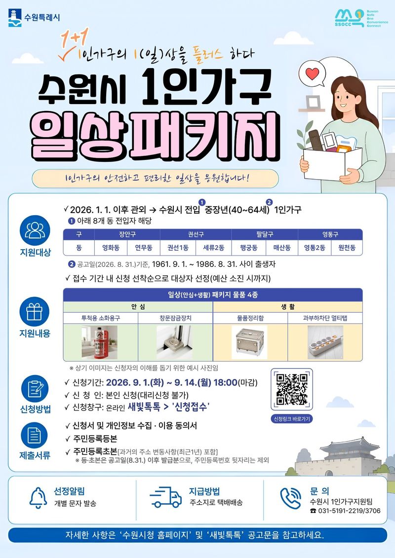 경기 수원시 1인가구 일상패키지 지원사업 모집 홍보물. 수원시 제공.