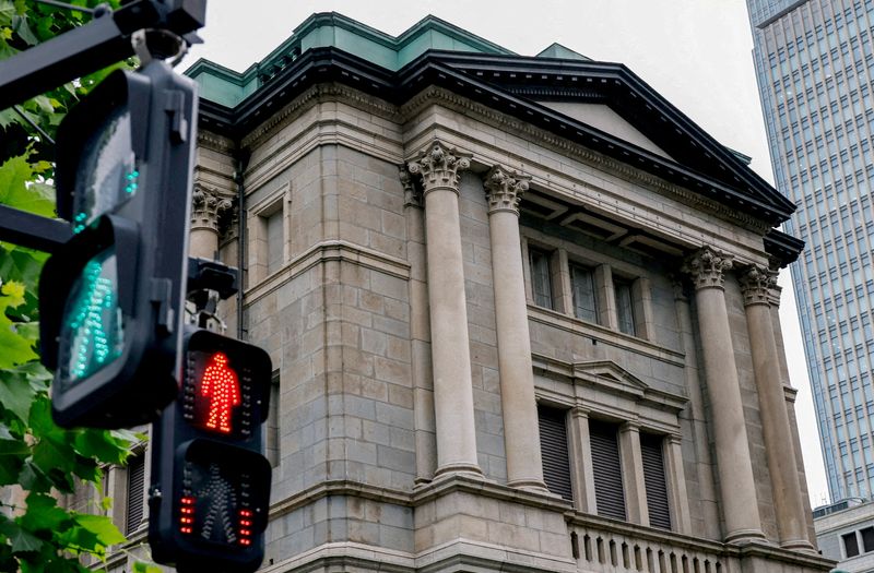 FILE PHOTO: Traffic signs in front of the Bank of Japan building in Tokyo, Japan, June 15, 2026. REUTERS/Kim Kyung-Hoon/File Photo