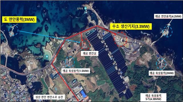 제주시 구좌읍 행원 연안풍력발전과 3.3㎿ 그린수소 생산기지 위치도. 제주도와 제주에너지공사는 1일부터 3㎿ 규모 행원 연안풍력에서 생산한 재생에너지 전력을 인근 그린수소 생산시설에 직접 공급하는 전력구매계약(PPA)을 가동했다. /사진=제주특별자치도 제공