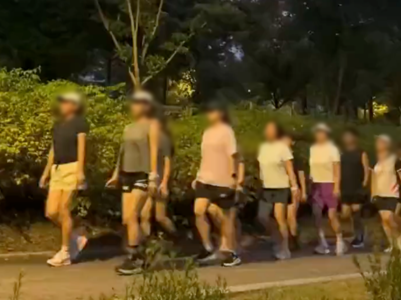 저녁 시간대 공원 산책로에서 러닝크루 참가자 수십 명이 무리 지어 천천히 달리고 있는 모습. 보행로 폭을 대부분 차지한 대열이 이어지면서 단체 달리기로 인한 통행 방해 우려가 나온다. /사진=엑스