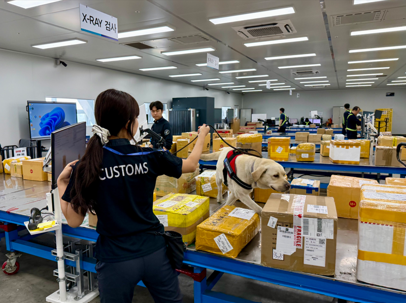 관세청 마약 탐지견이 인천공항 특송센터에서 특송화물내 마약 은닉 여부를 검사하고 있다. 관세청 제공