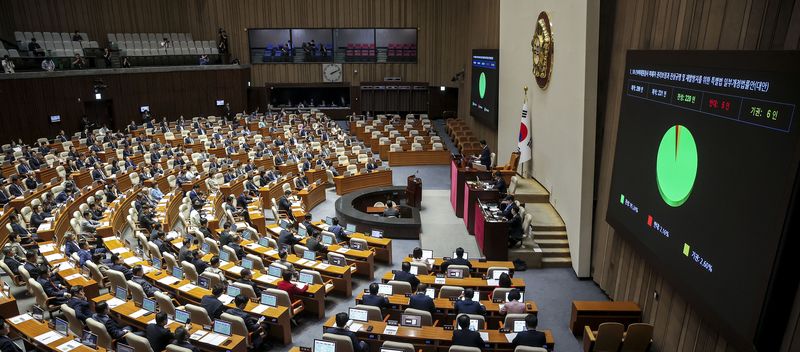 [서울=뉴시스] 정병혁 기자 = 3일 서울 여의도 국회에서 열린 제439회국회(정기회) 2차 본회의에서 10·29 이태원 참사 진상규명과 재발 방지를 위한 특별조사위원회의 활동 기한을 1년 연장하는 내용의 10·29이태원참사 피해자 권리보장과 진상규명 및 재발방지를 위한 특별법 일부개정법률안(대안)이 통과되고 있다. 2026.09.03. jhope@newsis.com