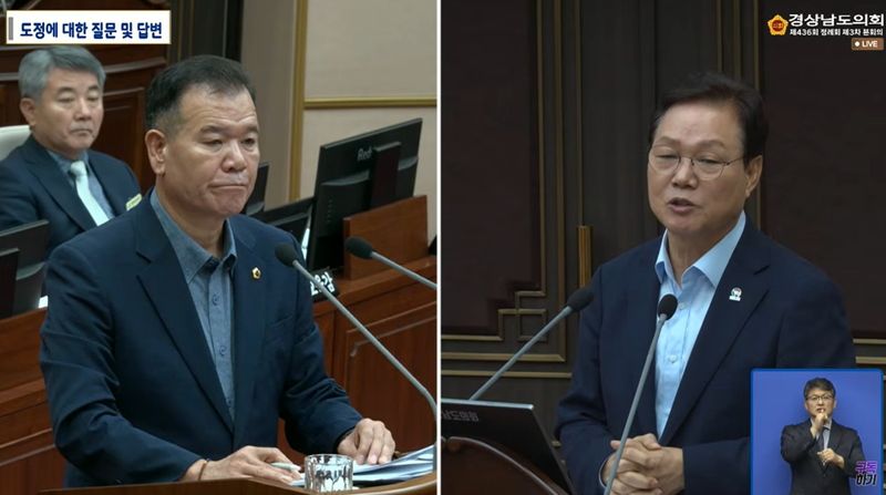 도정질문하는 정쌍학 의원(왼쪽)과 답변하는 박완수 경남지사 (출처=연합뉴스)