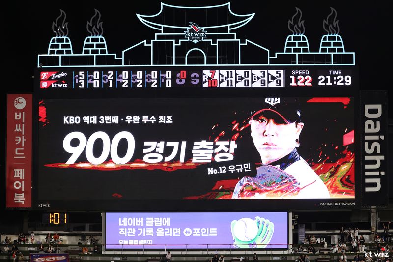 3일 KT-한화전에서 KT 우규민이 900경기 등판 기록을 달성한 뒤 수원 케이티위즈파크 전광판에 축하 메시지가 띄워진 모습. (KT 위즈 제공)