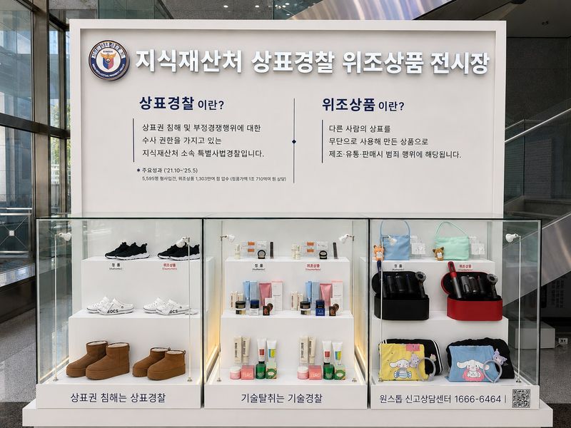 지식재산처가 정부대전청사 민원동에 마련한 위조상품 전시장. 지식재산처 제공