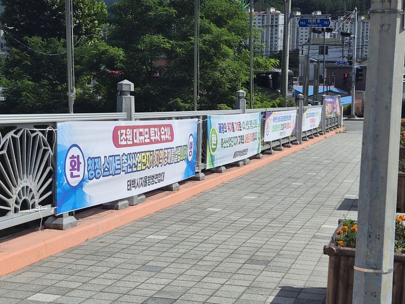 강원 태백시 한 인도 주변에 청정 스마트 축산단지 조성사업을 환영한다는 내용의 현수막이 게시돼 있다. (독자 제공. 재판매 및 DB금지) 2026.9.3/뉴스1