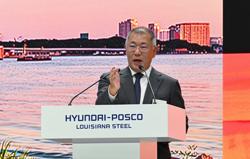 정의선 현대자동차그룹 회장이 4일(현지시간) 미국 남부 루이지애나주 도널드슨빌에서 열린 '현대제철-포스코 루이지애나 제철소' 기공식에서 환영사를 하고 있다. 현대차그룹 제공