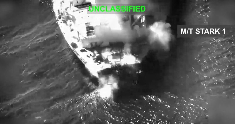 This screen grab made on September 5, 2026 from handout video footage released by the US Central Command (CENTCOM) on X (formerly known as Twitter) shows what CENTCOM says is US military forces striking an Iranian crude oil tanker, M/T Stark 1, off the coast of Jask, Iran in the Gulf of Oman, on Sep