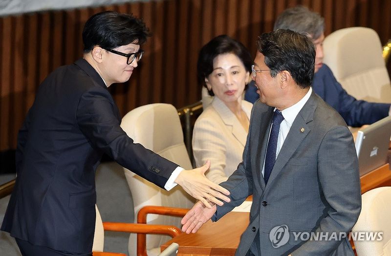 악수하는 김승원·한동훈 (출처=연합뉴스)