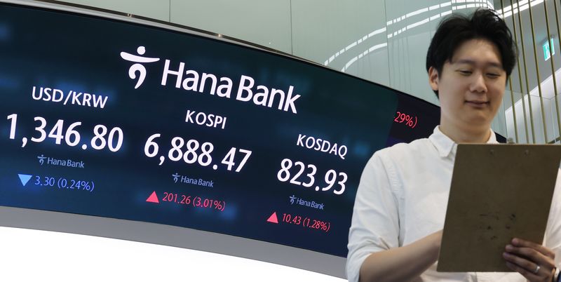 7일 서울 중구 하나은행 본점 딜링룸에서 직원들이 증시와 환율을 모니터하고 있다. 연합뉴스 제공
