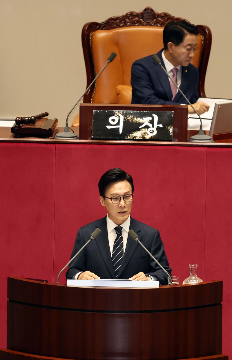 [서울=뉴시스] 최진석 기자 = 김민석 더불어민주당 대표가 7일 여의도 국회 본회의장에서 열린 제439회 국회(정기회) 제03차 본회의에서 국정에 관한 교섭단체 대표연설을 하고 있다. 2026.09.07. myjs@newsis.com