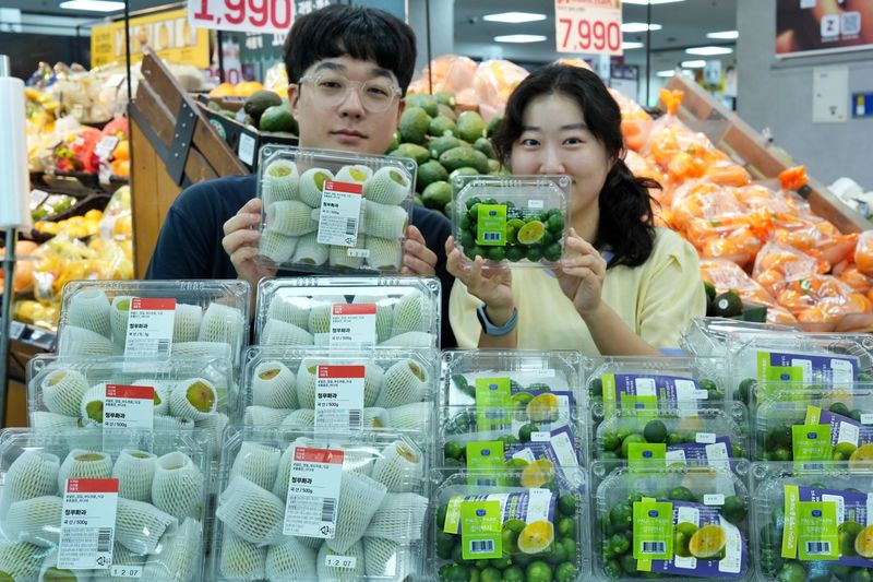 서울 송파구에 롯데마트 제타플렉스 잠실점 과일 매대에서 직원들이 깔라만시와 청무화과를 홍보하고 있다. 롯데마트 제공