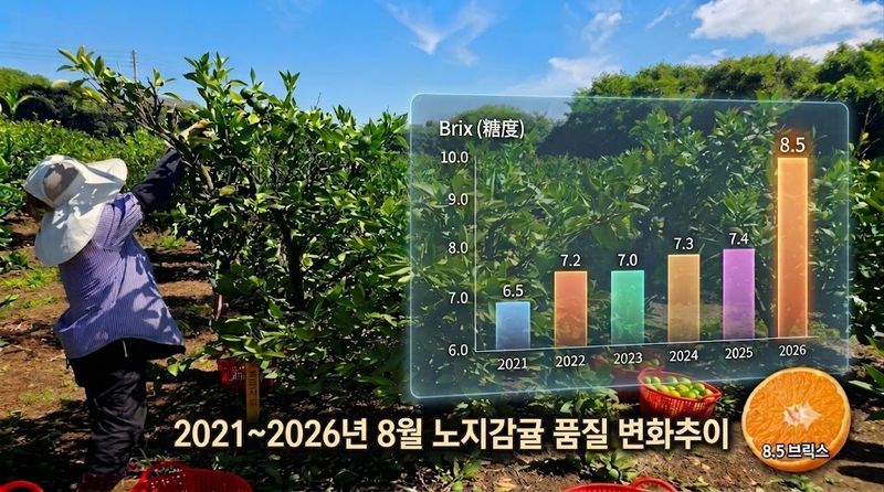 제주 노지감귤의 2021~2026년 8월 당도 변화 추이. 올해 조사 당도는 8.5브릭스로 지난해 7.4브릭스보다 1.1브릭스 높았다. 사진=제주특별자치도 농업기술원 제공