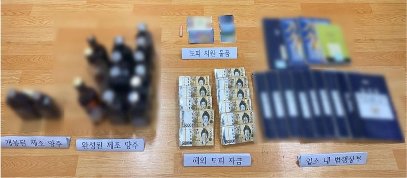 경찰이 압수한 가짜 양주와 해외 도피 자금. 부산경찰청 제공