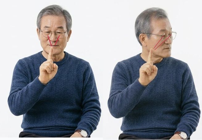 손가락을 눈앞 30cm 지점에 고정한 뒤 손가락을 응시한 채 고개를 좌우로 돌리는 주시 안정 운동. 국제성모병원 제공