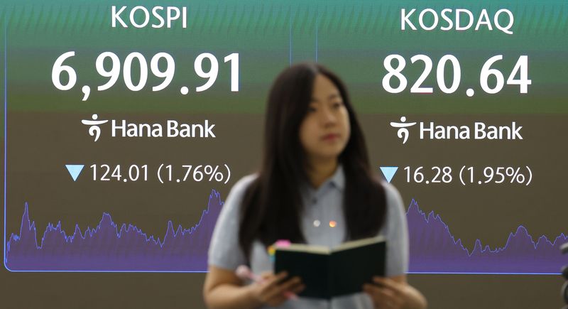 [서울=뉴시스] 홍효식 기자 = 코스피가 전 거래일보다 124.01포인트(1.76%) 내린 6909.91로 장을 마감한 11일 오후 서울 중구 하나은행 딜링룸 전광판에 지수가 표시되고 있다.코스닥은 전 거래일보다 16.28포인트(1.95%) 내린 820.64로 장을 마쳤다. 2026.09.11. yesphoto@newsis.com