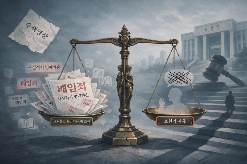 사실적시 명예훼손죄와 배임죄의 경우 여러가지 부작용이 지적돼 개선이 필요하다는 주장이 나오고 있다. 인공지능 생성 이미지.